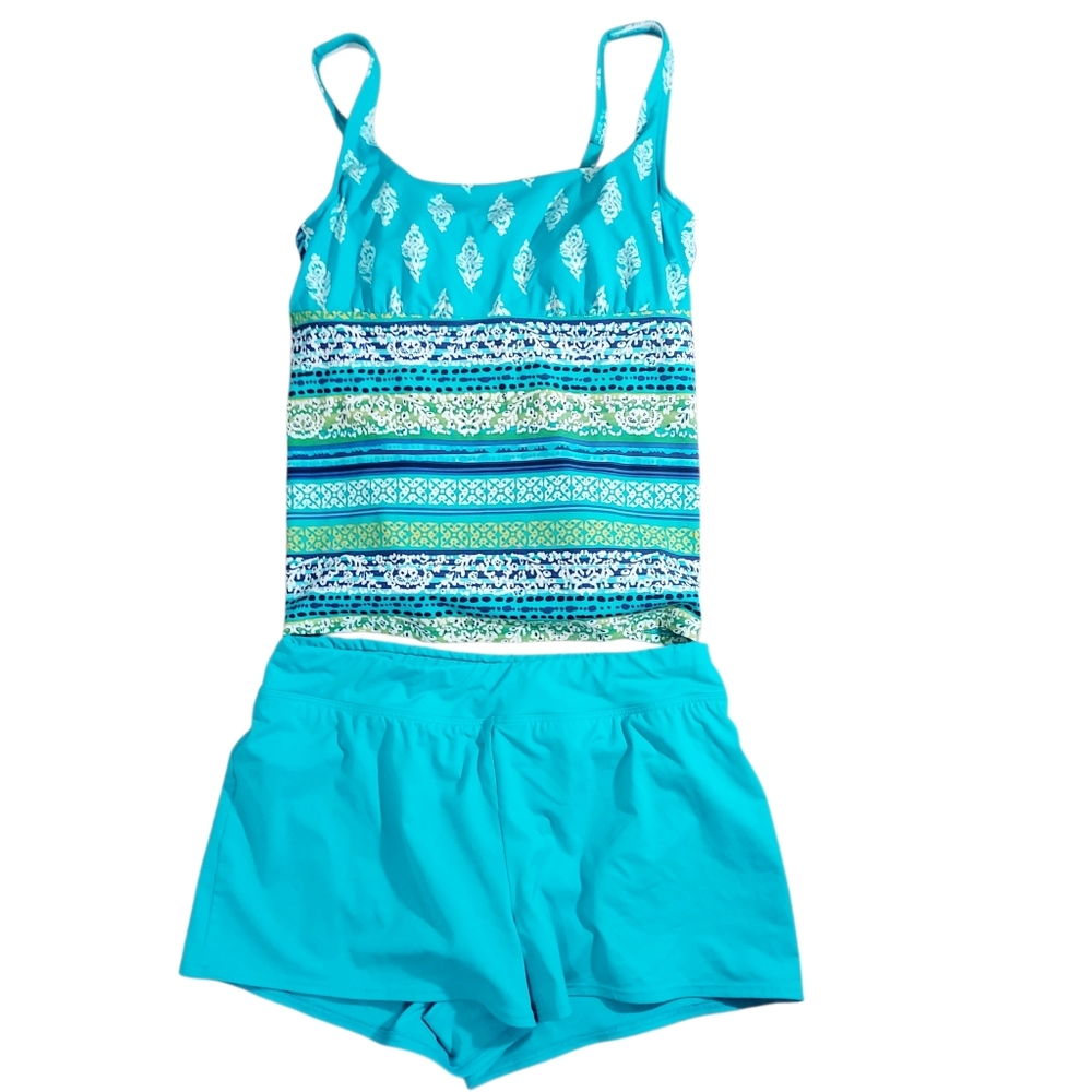 Lands End 2 Piece Turquoise Print Tankini Set 10
